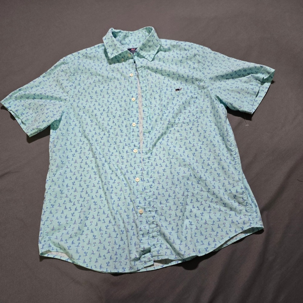 Vineyard Vines Tucker Shirt Mens M Blue Sailboat Palm Tree Stretch Short Sleeve